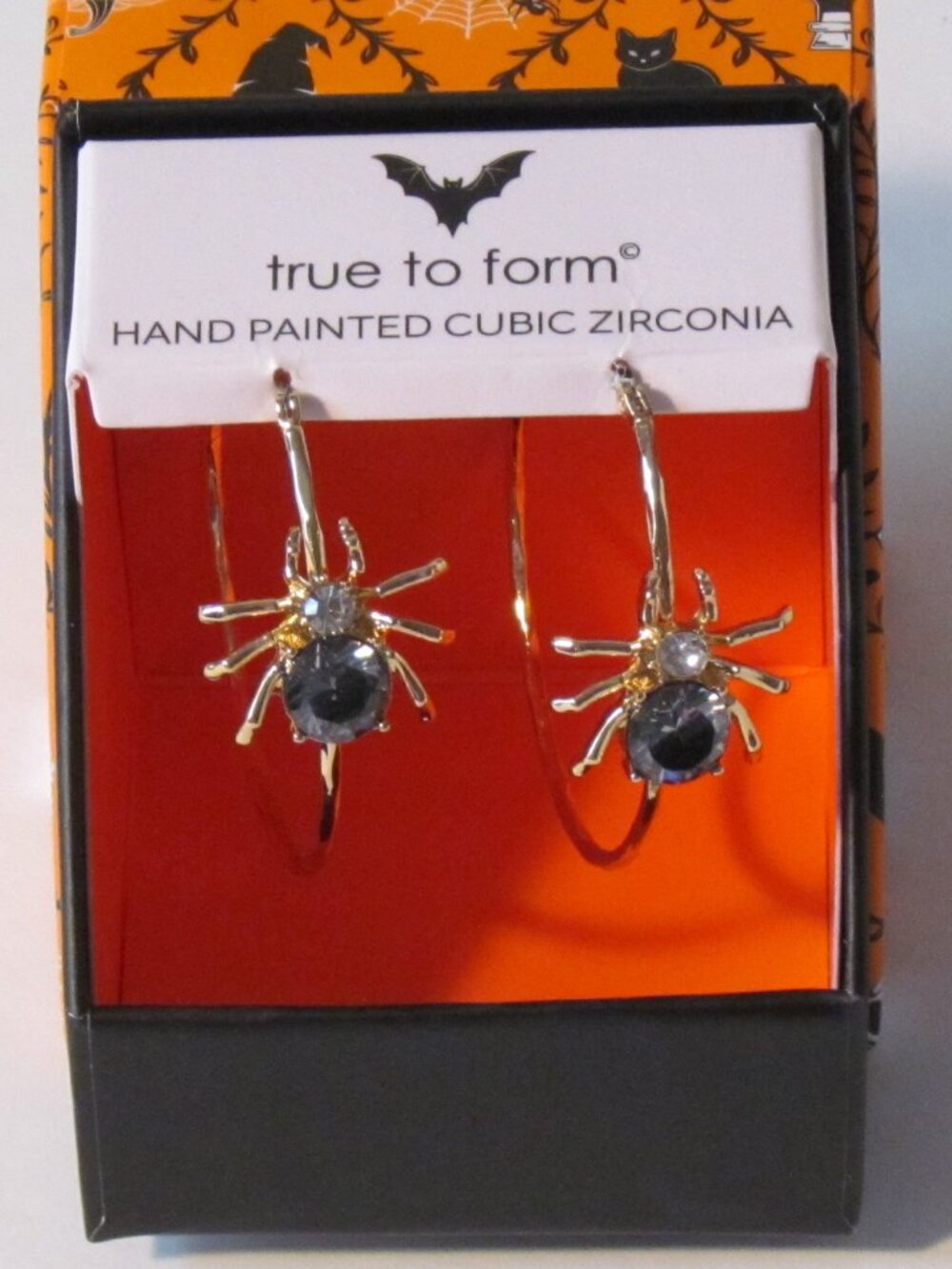 Spooky Spider-Themed Goldtone Hand Painted Cubic Zirconia Hoop Earrings NEW